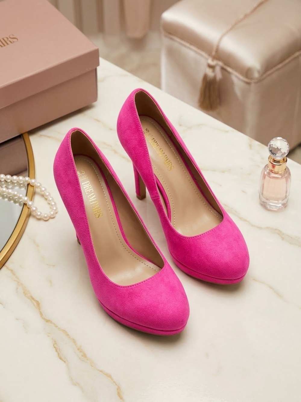 Dream Pairs Bright Pink Suede Round-Toe Pumps